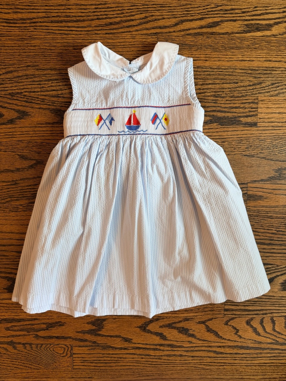 Beth Terell Light Blue Seersucker Smocked Sailboat Dress, Size 2